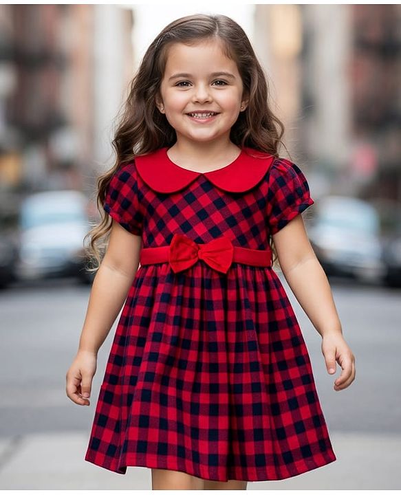 Babyhug Cotton Woven Half Sleeves Peter Pan Collar With Checks & Bow Applique - Red & Navy Blue