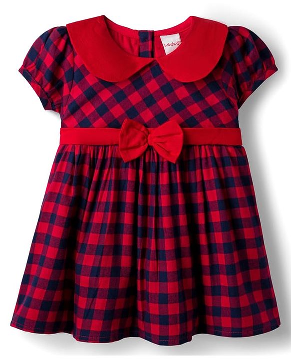 Babyhug Cotton Woven Half Sleeves Peter Pan Collar With Checks & Bow Applique - Red & Navy Blue