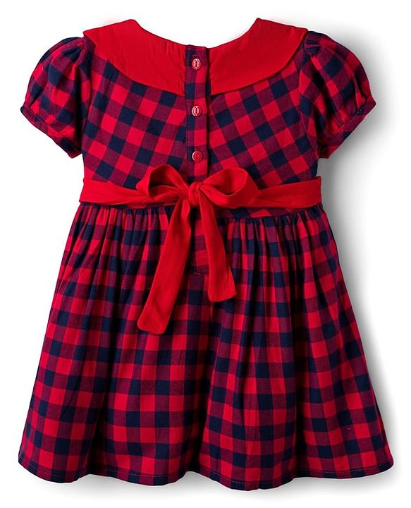 Babyhug Cotton Woven Half Sleeves Peter Pan Collar With Checks & Bow Applique - Red & Navy Blue