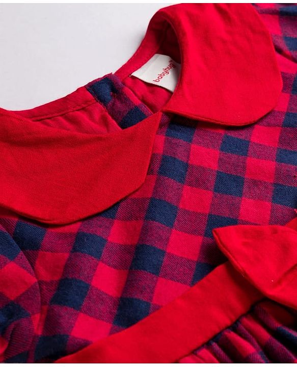 Babyhug Cotton Woven Half Sleeves Peter Pan Collar With Checks & Bow Applique - Red & Navy Blue