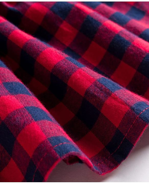 Babyhug Cotton Woven Half Sleeves Peter Pan Collar With Checks & Bow Applique - Red & Navy Blue