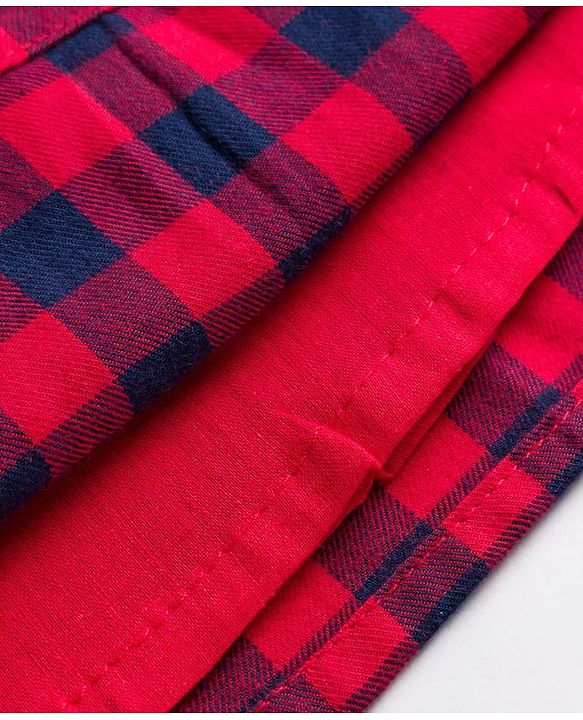 Babyhug Cotton Woven Half Sleeves Peter Pan Collar With Checks & Bow Applique - Red & Navy Blue