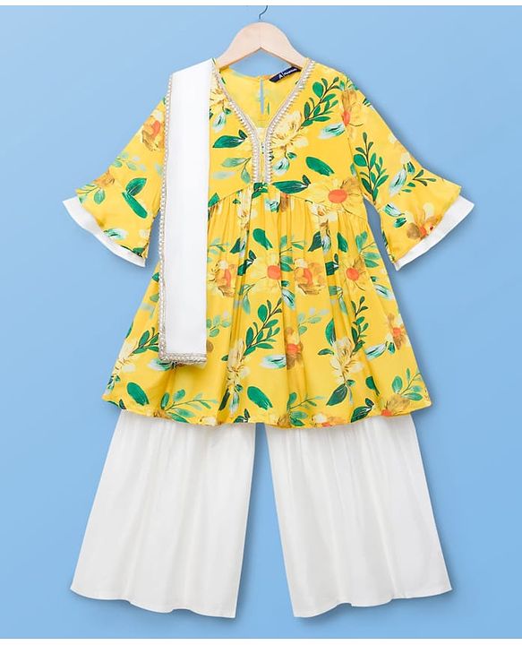 Pine Kids Woven Three Fourth Sleeves Kurti Gharara & Dupatta Set with Floral Print - Yellow