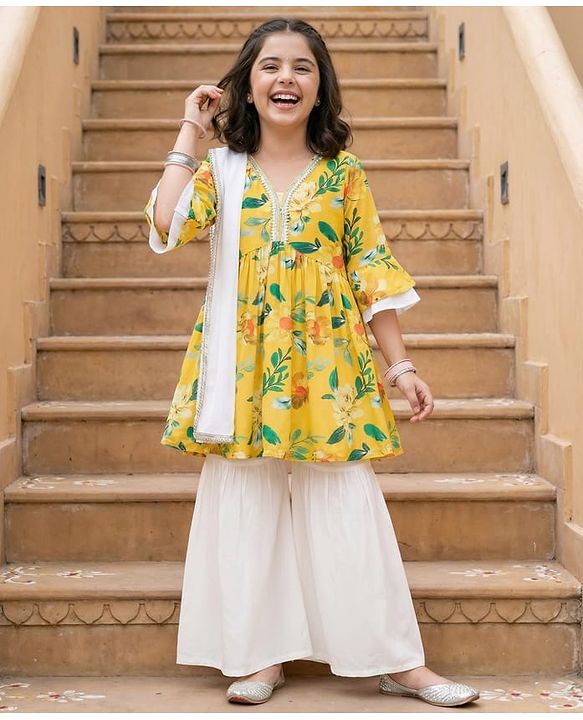 Pine Kids Woven Three Fourth Sleeves Kurti Gharara & Dupatta Set with Floral Print - Yellow