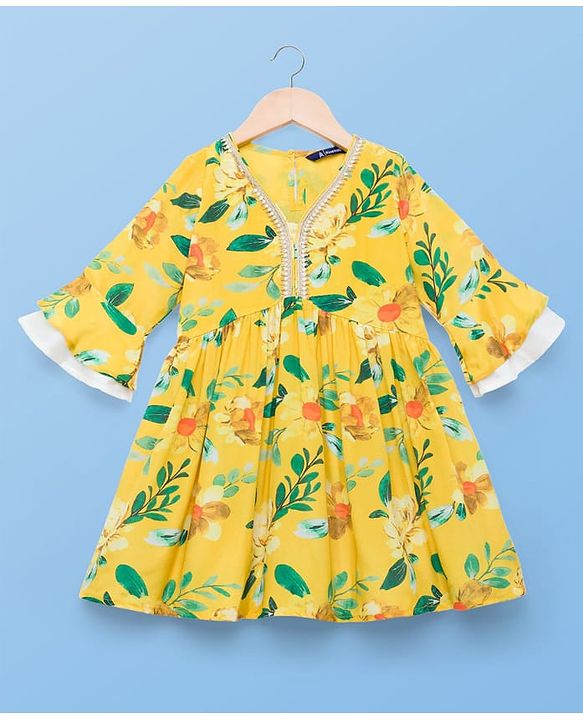 Pine Kids Woven Three Fourth Sleeves Kurti Gharara & Dupatta Set with Floral Print - Yellow