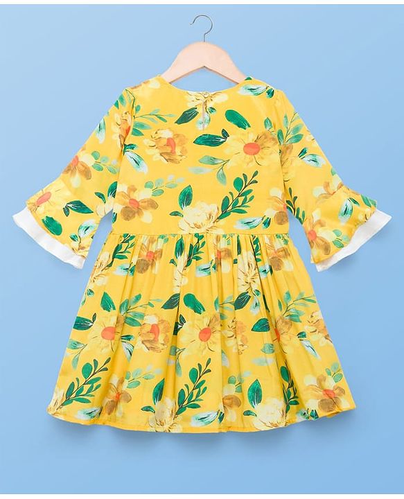 Pine Kids Woven Three Fourth Sleeves Kurti Gharara & Dupatta Set with Floral Print - Yellow