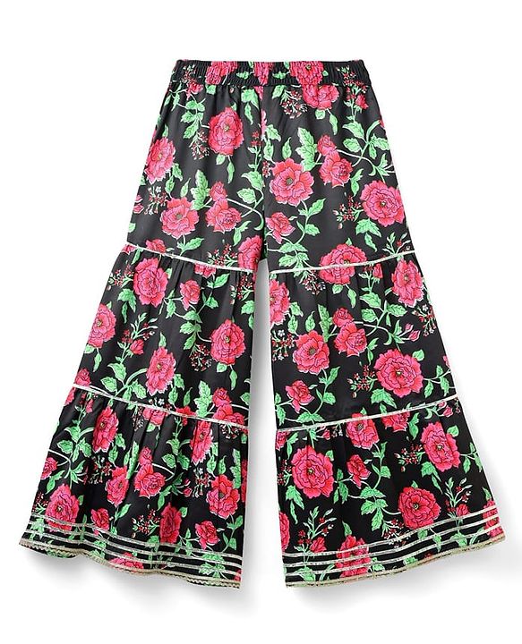 Pine Kids Woven Three Fourth Sleeves Kurta Gharara & Dupatta Set With Floral Print - Black