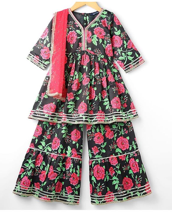 Pine Kids Woven Three Fourth Sleeves Kurta Gharara & Dupatta Set With Floral Print - Black