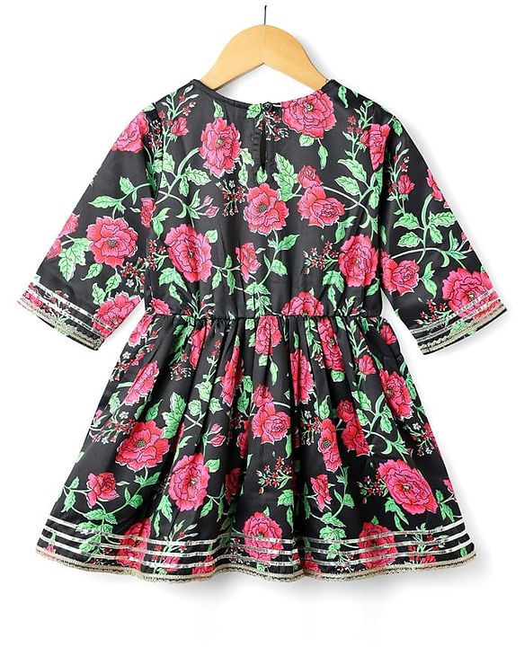 Pine Kids Woven Three Fourth Sleeves Kurta Gharara & Dupatta Set With Floral Print - Black