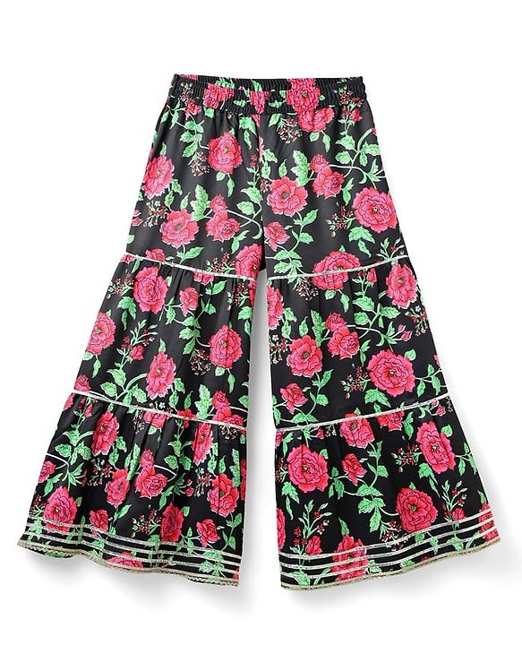 Pine Kids Woven Three Fourth Sleeves Kurta Gharara & Dupatta Set With Floral Print - Black