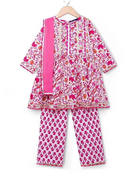 Pine Kids Cotton Woven Three Fourth Sleeves Kurta Salwar & Dupatta Set with Floral Print - Pink