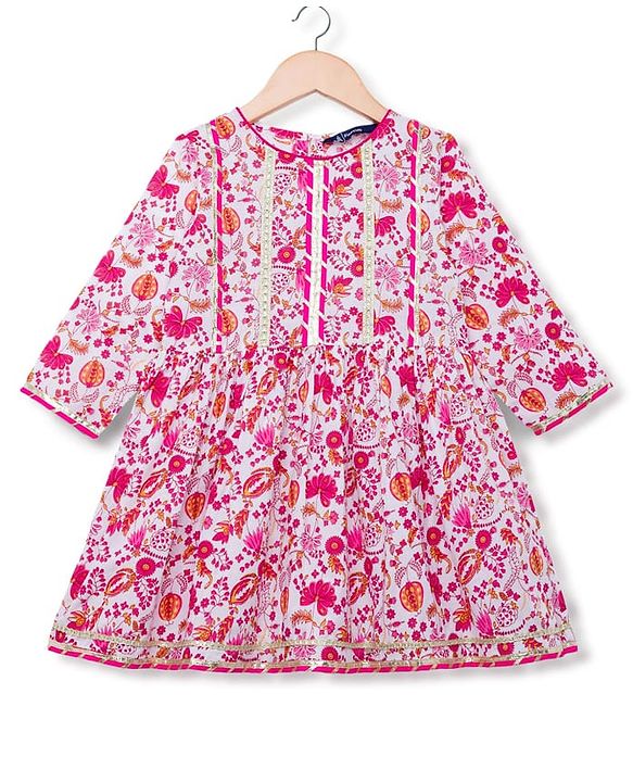 Pine Kids Cotton Woven Three Fourth Sleeves Kurta Salwar & Dupatta Set with Floral Print - Pink