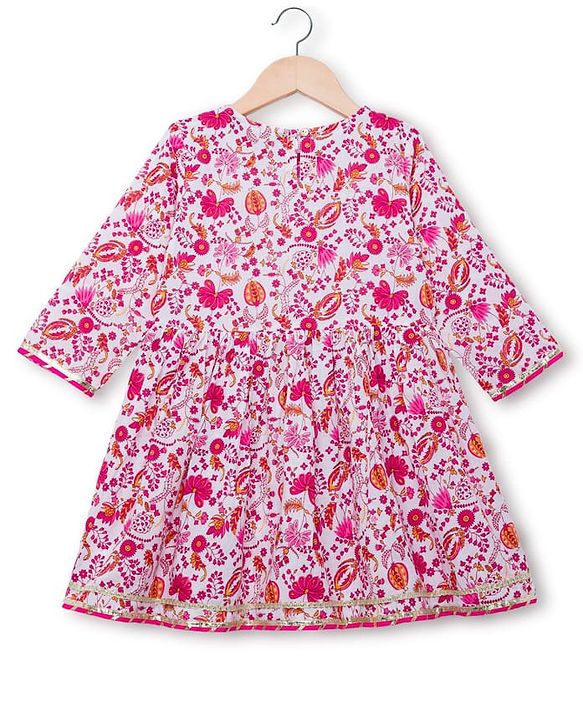 Pine Kids Cotton Woven Three Fourth Sleeves Kurta Salwar & Dupatta Set with Floral Print - Pink