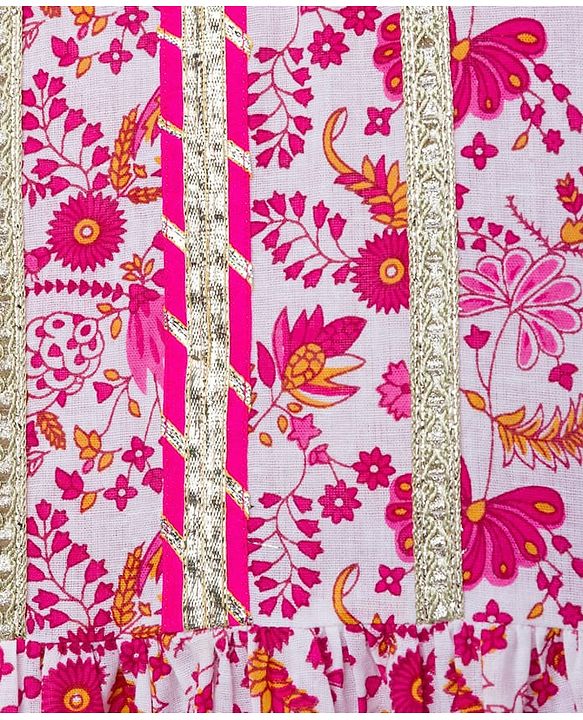 Pine Kids Cotton Woven Three Fourth Sleeves Kurta Salwar & Dupatta Set with Floral Print - Pink
