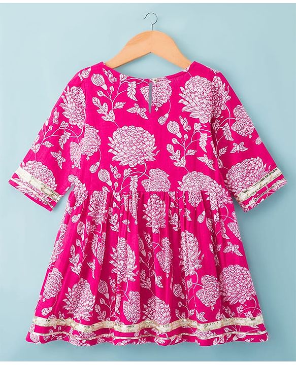 Pine Kids Cotton Woven Three Fourth Sleeves Kurta Salwar & Dupatta Set With Floral Print - Pink