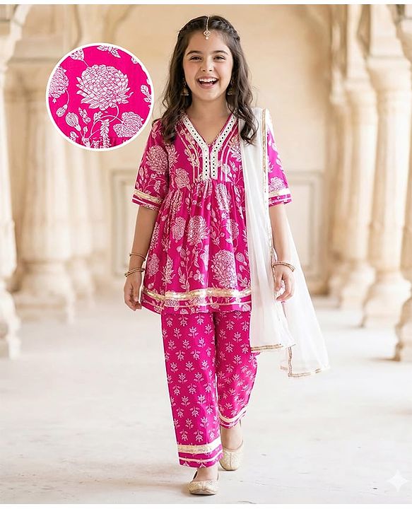 Pine Kids Cotton Woven Three Fourth Sleeves Kurta Salwar & Dupatta Set With Floral Print - Pink