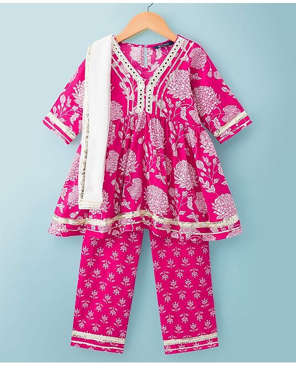 Pine Kids Cotton Woven Three Fourth Sleeves Kurta Salwar & Dupatta Set With Floral Print - Pink