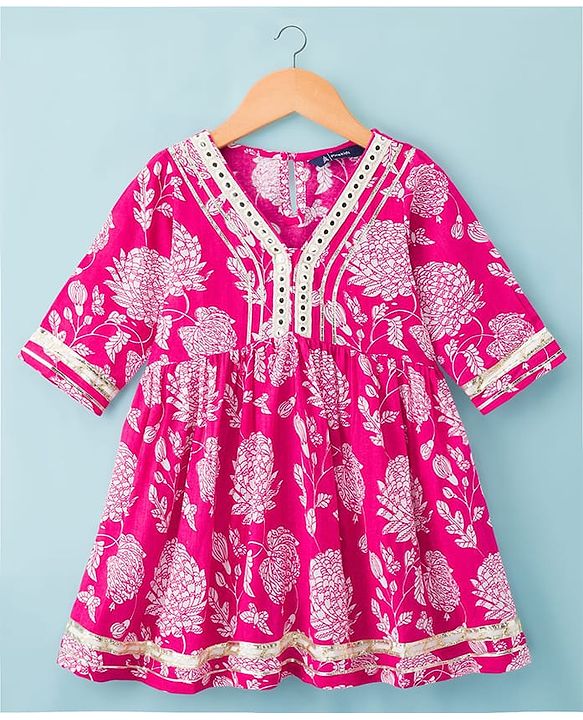 Pine Kids Cotton Woven Three Fourth Sleeves Kurta Salwar & Dupatta Set With Floral Print - Pink