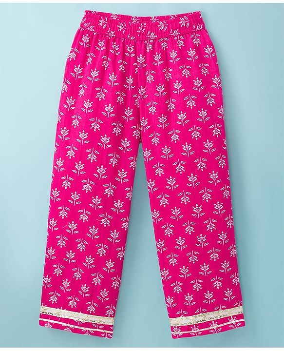 Pine Kids Cotton Woven Three Fourth Sleeves Kurta Salwar & Dupatta Set With Floral Print - Pink