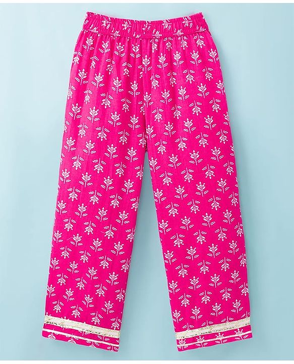 Pine Kids Cotton Woven Three Fourth Sleeves Kurta Salwar & Dupatta Set With Floral Print - Pink