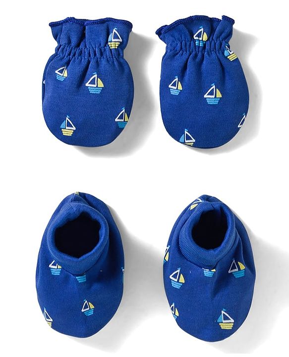 Babyhug 100% Cotton Knit Mittens & Booties Set with Ship Print - Navy Blue