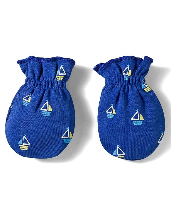 Babyhug 100% Cotton Knit Mittens & Booties Set with Ship Print - Navy Blue