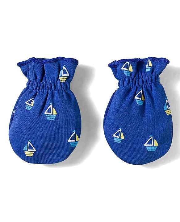 Babyhug 100% Cotton Knit Mittens & Booties Set with Ship Print - Navy Blue