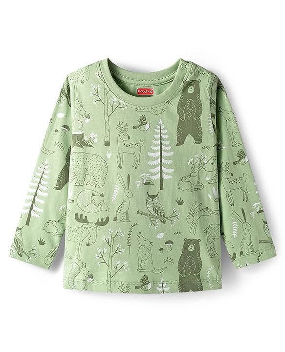 Babyhug Cotton Knit Full Sleeves Co-ords Night Suit with Jungle Theme Print - Light Green