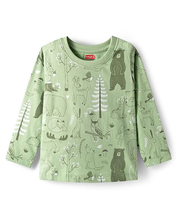 Babyhug Cotton Knit Full Sleeves Co-ords Night Suit with Jungle Theme Print - Light Green