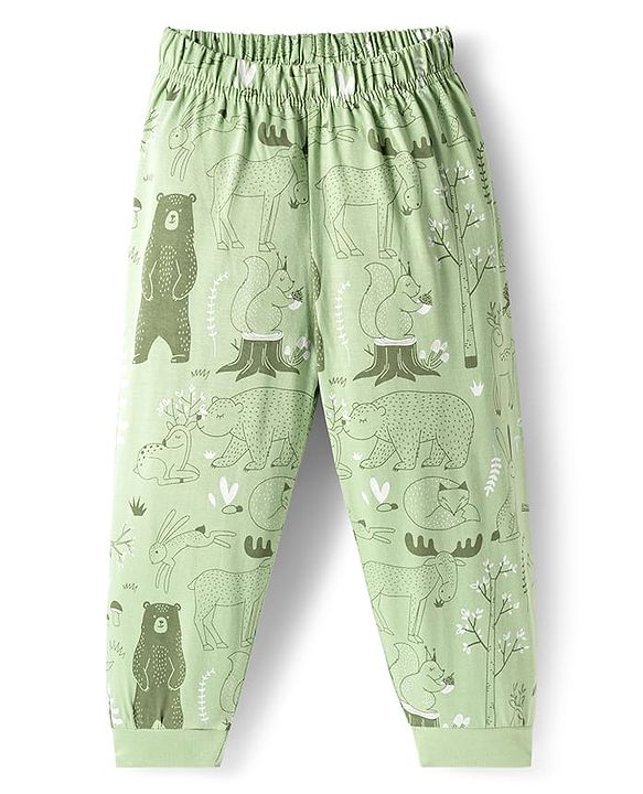 Babyhug Cotton Knit Full Sleeves Co-ords Night Suit with Jungle Theme Print - Light Green