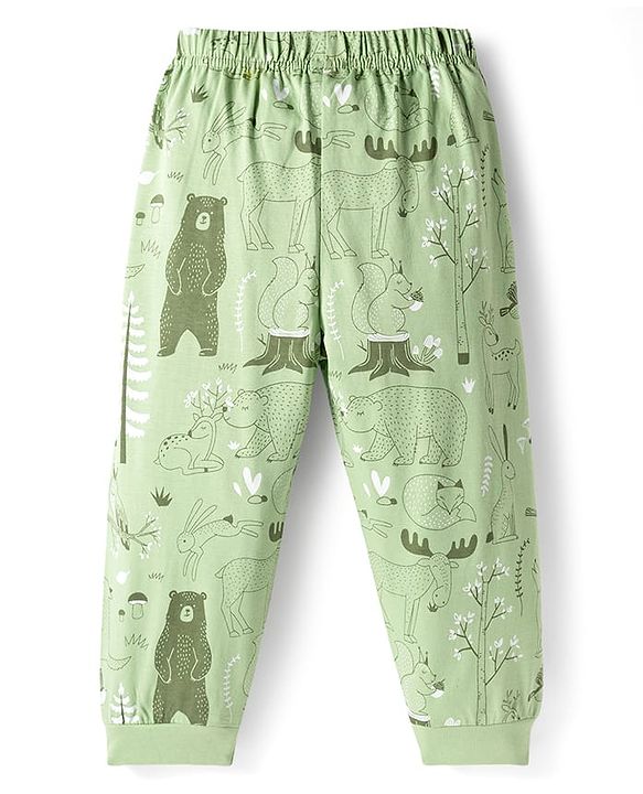 Babyhug Cotton Knit Full Sleeves Co-ords Night Suit with Jungle Theme Print - Light Green