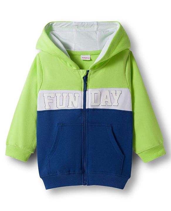 Babyhug Knit Premium Light Gauge Terry Full Sleeves Hooded Cut & Sew T-Shirt & Lounge Pant Set with Kangaroo Pocket & Text Graphic - Blue & Neon Green