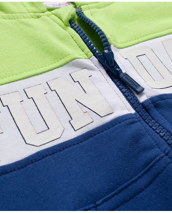 Babyhug Knit Premium Light Gauge Terry Full Sleeves Hooded Cut & Sew T-Shirt & Lounge Pant Set with Kangaroo Pocket & Text Graphic - Blue & Neon Green