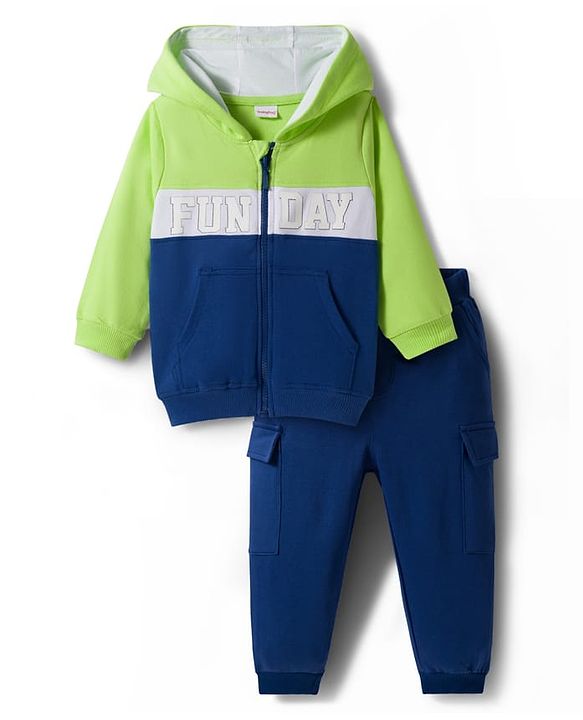 Babyhug Knit Premium Light Gauge Terry Full Sleeves Hooded Cut & Sew T-Shirt & Lounge Pant Set with Kangaroo Pocket & Text Graphic - Blue & Neon Green