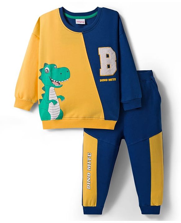 Babyhug Terry Knit Premium Light Gauge Terry Full Sleeves Cut & Sew T-Shirt & Lounge Pant Set with Dino Graphic - Yellow & Navy Blue