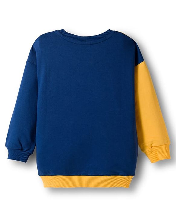Babyhug Terry Knit Premium Light Gauge Terry Full Sleeves Cut & Sew T-Shirt & Lounge Pant Set with Dino Graphic - Yellow & Navy Blue