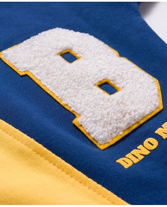 Babyhug Terry Knit Premium Light Gauge Terry Full Sleeves Cut & Sew T-Shirt & Lounge Pant Set with Dino Graphic - Yellow & Navy Blue
