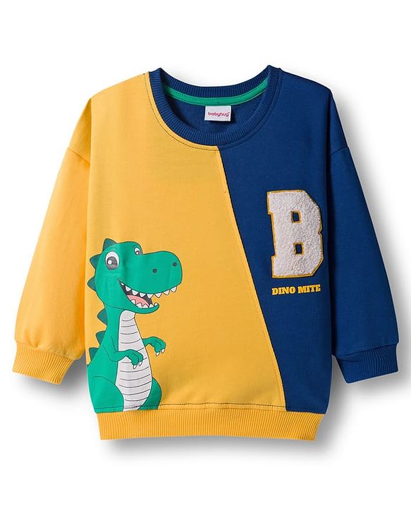 Babyhug Terry Knit Premium Light Gauge Terry Full Sleeves Cut & Sew T-Shirt & Lounge Pant Set with Dino Graphic - Yellow & Navy Blue