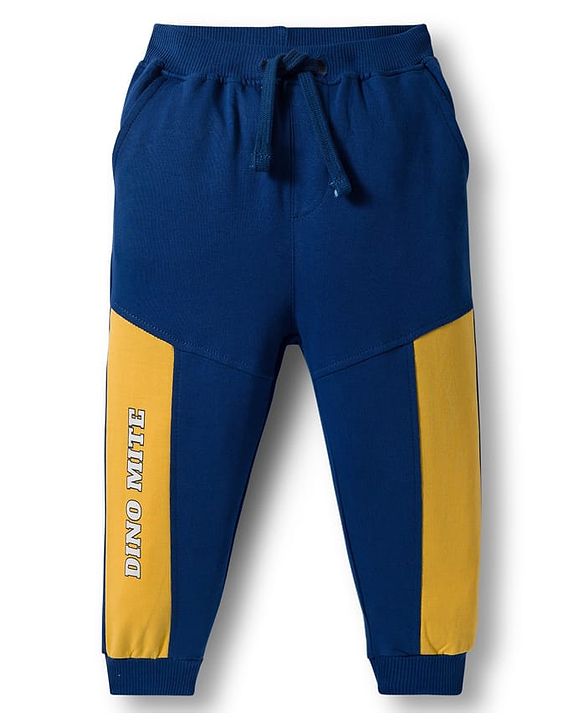 Babyhug Terry Knit Premium Light Gauge Terry Full Sleeves Cut & Sew T-Shirt & Lounge Pant Set with Dino Graphic - Yellow & Navy Blue