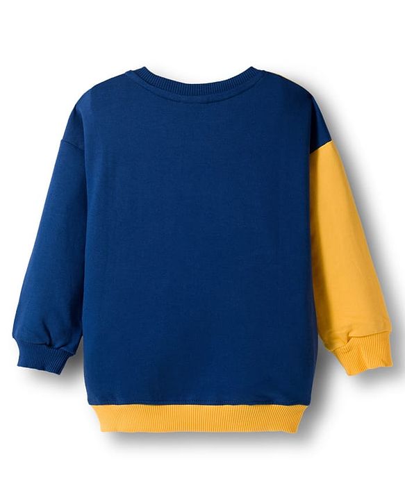 Babyhug Terry Knit Premium Light Gauge Terry Full Sleeves Cut & Sew T-Shirt & Lounge Pant Set with Dino Graphic - Yellow & Navy Blue