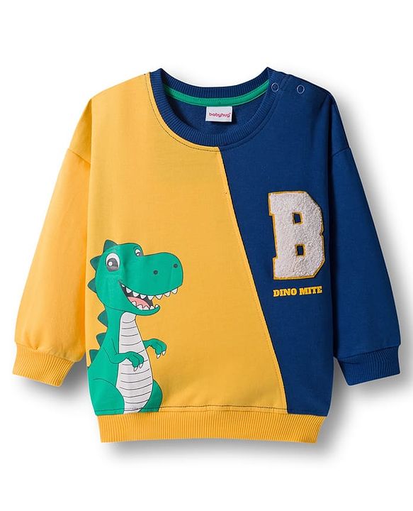 Babyhug Terry Knit Premium Light Gauge Terry Full Sleeves Cut & Sew T-Shirt & Lounge Pant Set with Dino Graphic - Yellow & Navy Blue