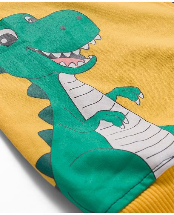 Babyhug Terry Knit Premium Light Gauge Terry Full Sleeves Cut & Sew T-Shirt & Lounge Pant Set with Dino Graphic - Yellow & Navy Blue