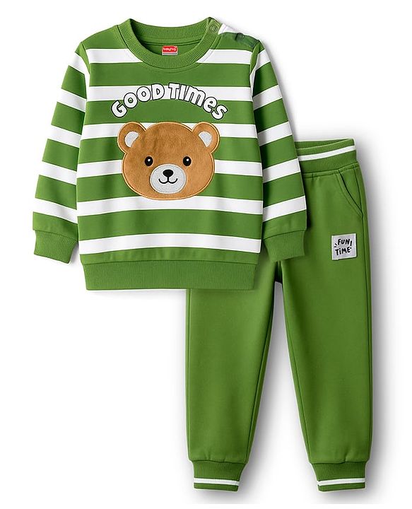 Babyhug Terry Knit Premium Light Gauge Terry Full Sleeves Striped Sweatshirt & Lounge Pant Set With Teddy Bear Patch - Green