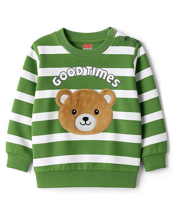 Babyhug Terry Knit Premium Light Gauge Terry Full Sleeves Striped Sweatshirt & Lounge Pant Set With Teddy Bear Patch - Green