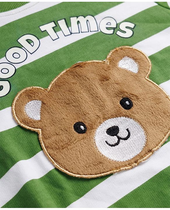 Babyhug Terry Knit Premium Light Gauge Terry Full Sleeves Striped Sweatshirt & Lounge Pant Set With Teddy Bear Patch - Green