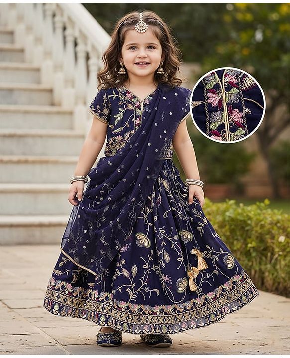 Babyhug Georgette Woven Half Sleeves Choli Lehenga & Dupatta Set with Floral Embroidery - Navy Blue