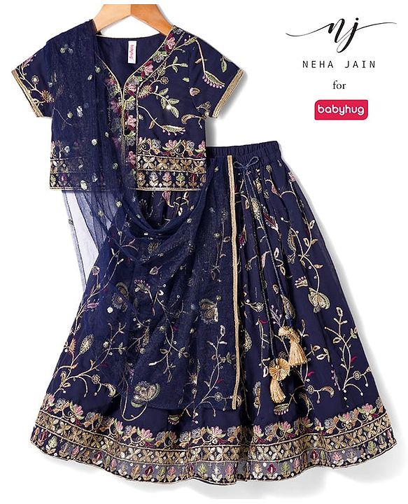 Babyhug Georgette Woven Half Sleeves Choli Lehenga & Dupatta Set with Floral Embroidery - Navy Blue