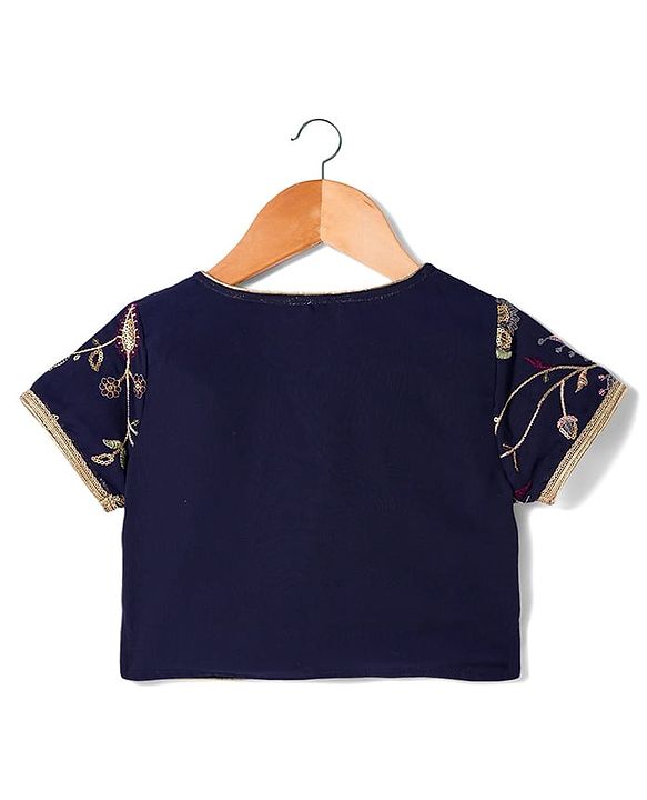 Babyhug Georgette Woven Half Sleeves Choli Lehenga & Dupatta Set with Floral Embroidery - Navy Blue