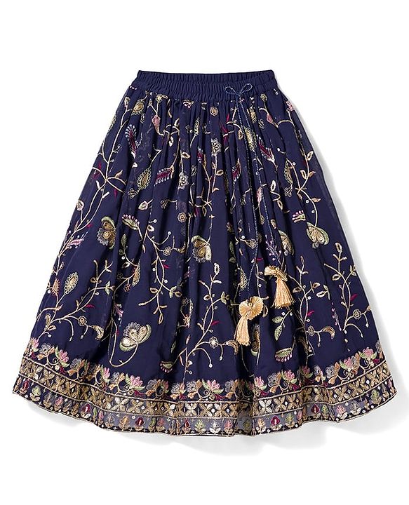 Babyhug Georgette Woven Half Sleeves Choli Lehenga & Dupatta Set with Floral Embroidery - Navy Blue
