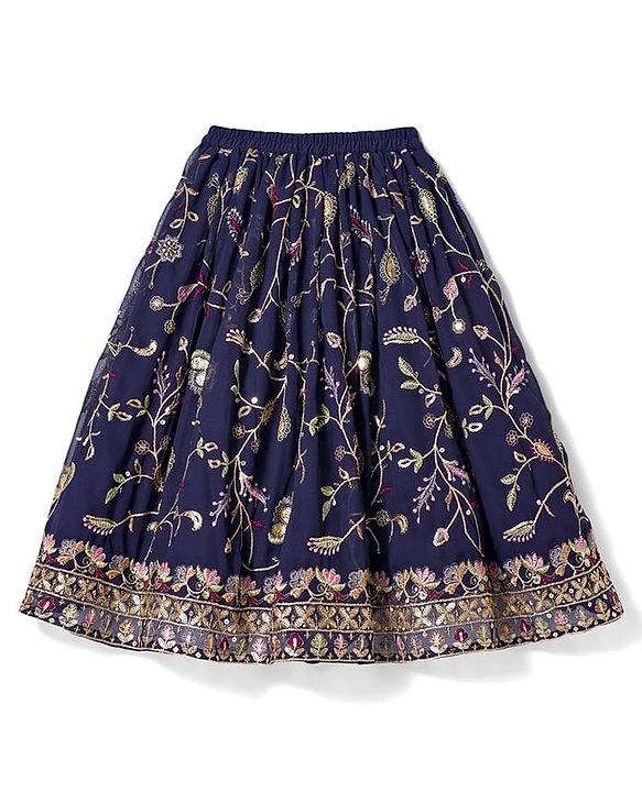 Babyhug Georgette Woven Half Sleeves Choli Lehenga & Dupatta Set with Floral Embroidery - Navy Blue